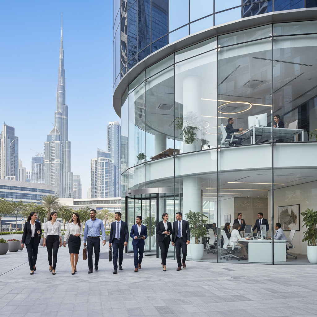 A photorealistic image depicting a modern office building in the UAE with professionals entering or working in a bustling business environment, symbolizing the importance of office leasing in the region, no children present.