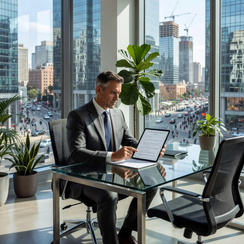 A photorealistic image of a modern, professional office space with an adult business professional reviewing a lease agreement on a tablet, surrounded by contemporary office furniture and city skyline view from large windows, symbolizing essential clauses in office rental contracts. No children present.