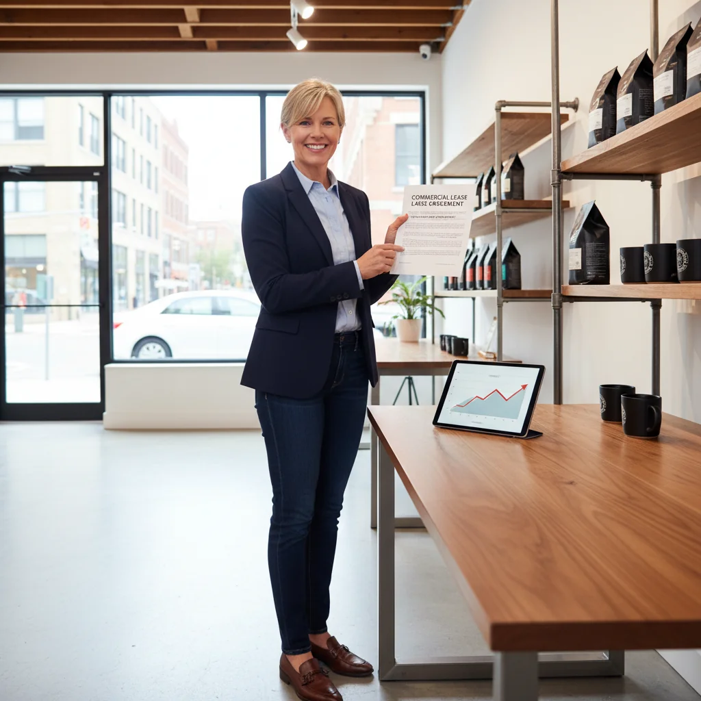 A photorealistic image depicting a professional business owner or entrepreneur in a modern commercial space, such as a retail store or office, symbolizing security and confidence in leasing a property for business purposes. The scene shows the person smiling while organizing the space or shaking hands with a partner, evoking stability and growth in commercial tenancy.