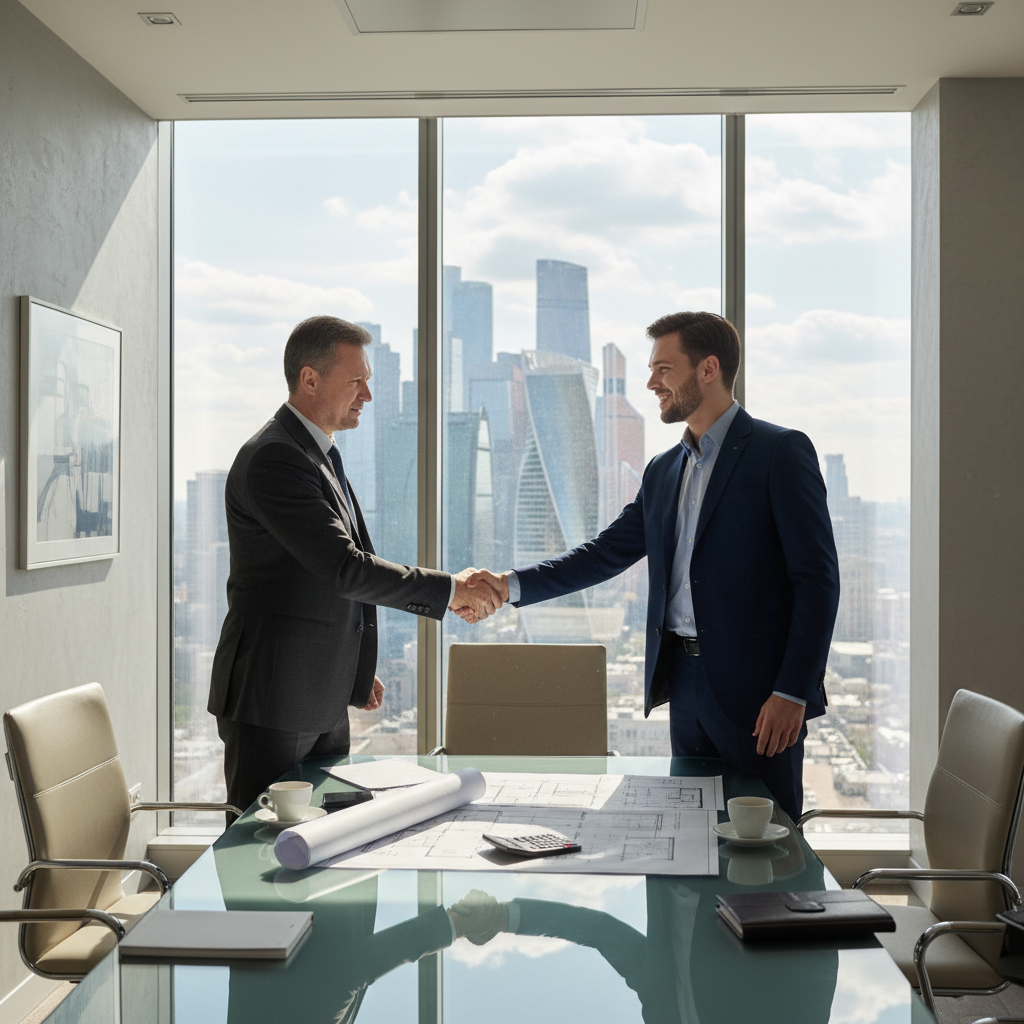 A professional business meeting between a landlord and a tenant in a modern office space in Russia, discussing a commercial lease agreement for non-residential property. They are shaking hands over a table with architectural plans and a small model of a commercial building, conveying trust and business partnership. The setting includes subtle Russian elements like a view of a city skyline with recognizable landmarks in the background. No children are present in the image.