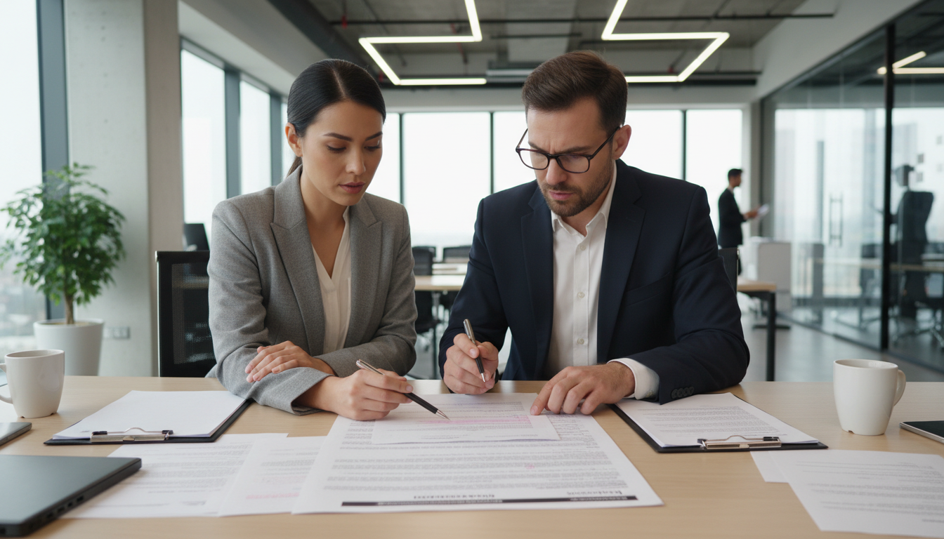 Businesspeople reviewing lease contract.