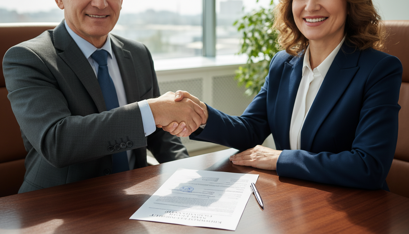 Signing rental agreement for office space.