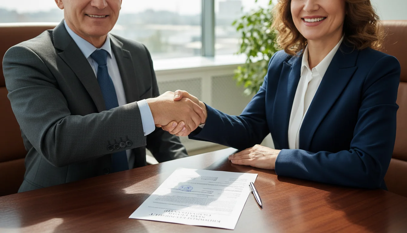 Signing rental agreement for office space.