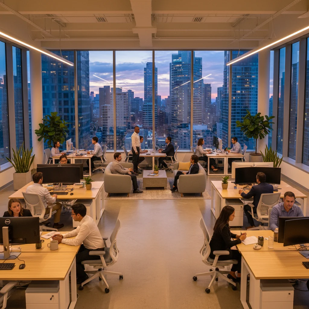 A modern professional office space in the US, featuring an open-plan workspace with collaborative employees at desks, large windows allowing natural light, and subtle elements like a city skyline view, symbolizing a successful office lease agreement without showing any legal documents.