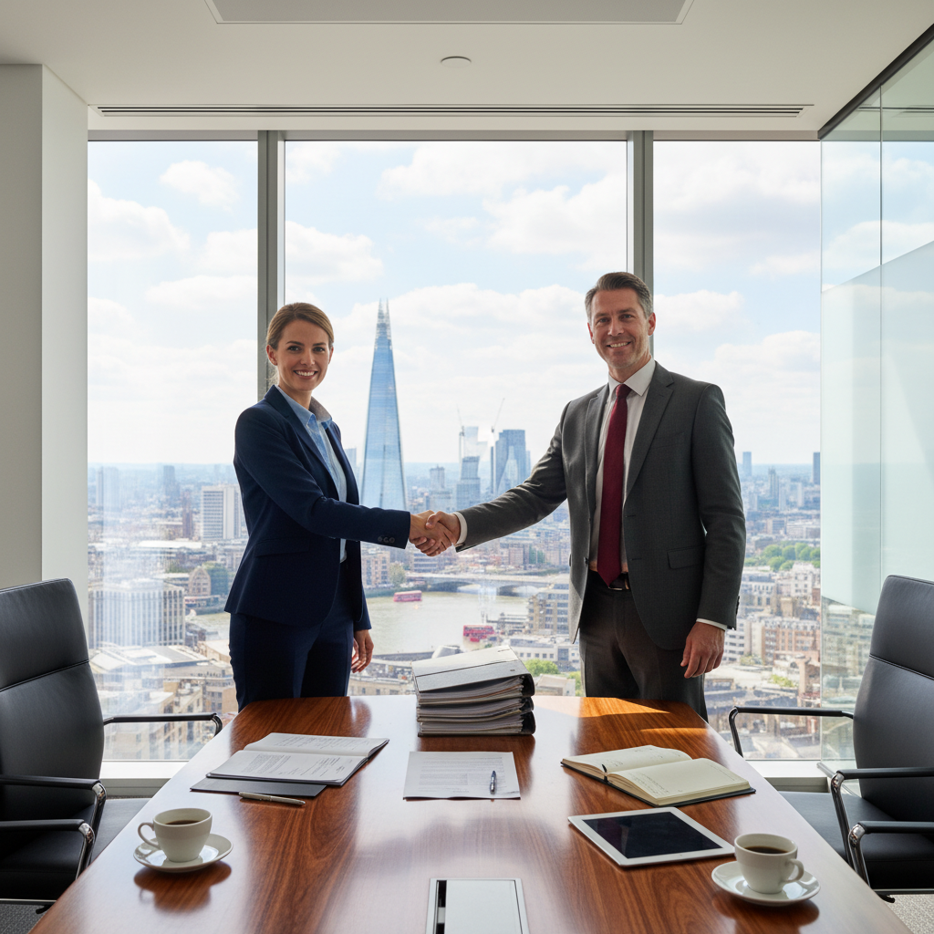 A photorealistic image of a modern professional office space in the UK, featuring an adult business professional shaking hands with a real estate agent in a well-lit conference room, symbolizing the agreement of a lease, with views of the city skyline through large windows, no children present.