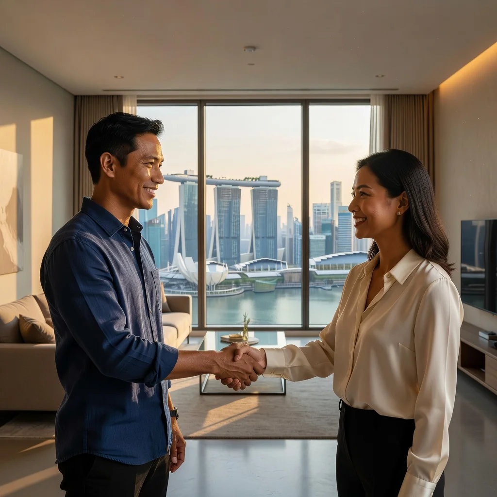 A photorealistic image of two adults shaking hands in a modern Singapore apartment, with a city skyline view in the background, symbolizing a tenancy agreement.