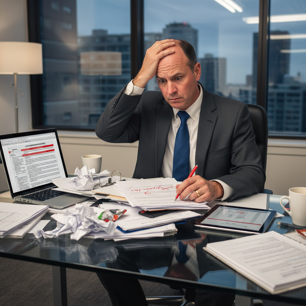 A photorealistic image of a frustrated adult professional sitting at a cluttered office desk in a modern business setting, surrounded by stacks of paperwork, a laptop, and office supplies, looking stressed while reviewing documents related to office rental, symbolizing common mistakes in signing an office lease agreement.