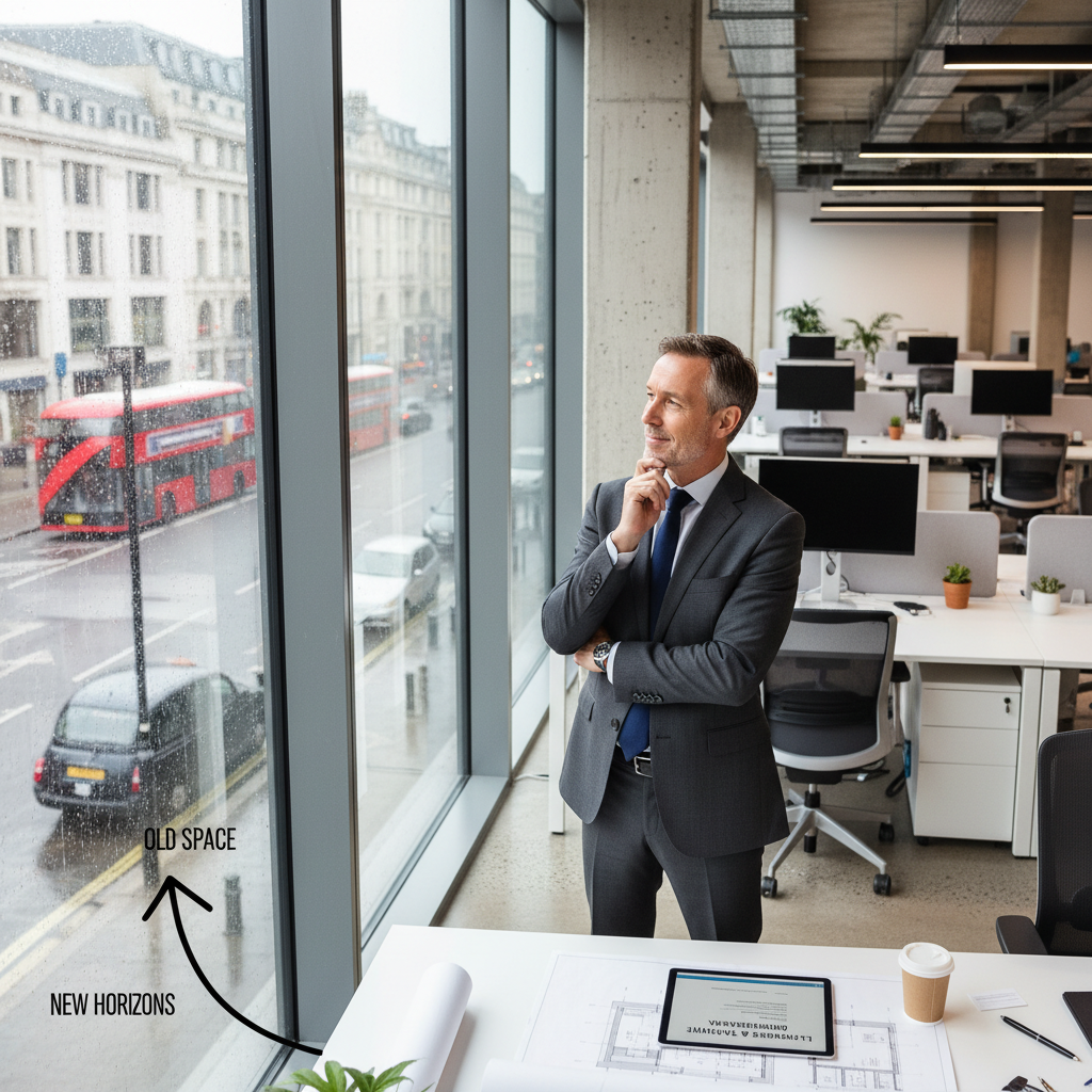 A photorealistic image of a professional businessperson in a modern UK office space, standing by a large window overlooking a city skyline, symbolizing flexibility and decision-making in office leases, with no legal documents visible.