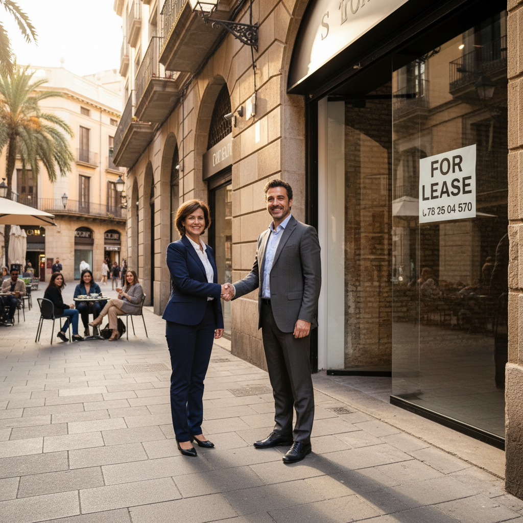 A photorealistic image of a modern commercial storefront in a bustling Spanish city street, with a 'For Rent' sign on the window, a business owner standing outside discussing with a potential tenant, conveying the essence of leasing a commercial space in Spain, no children present.