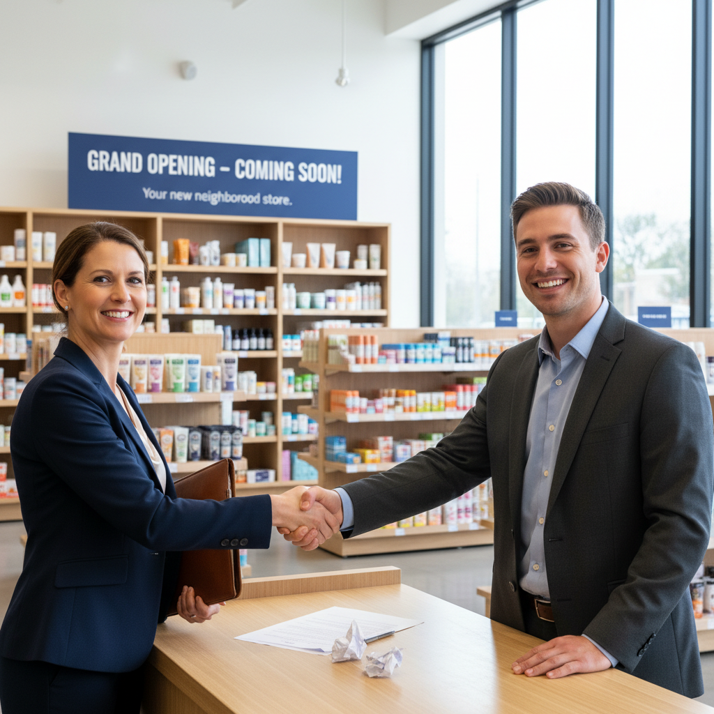 A photorealistic image of a professional adult shaking hands with a business owner inside a modern commercial storefront, symbolizing the agreement of a commercial lease contract, with no children present.