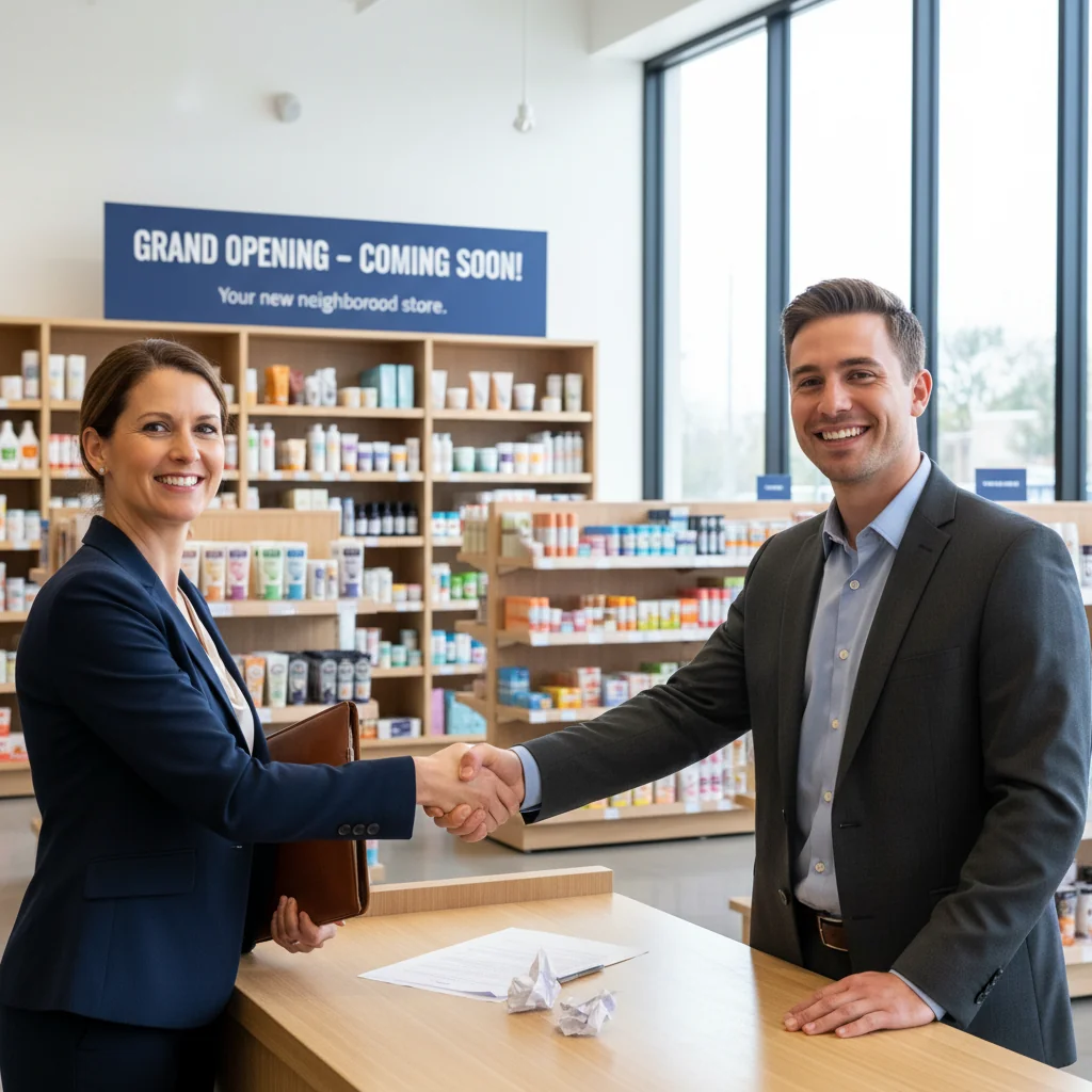 A photorealistic image of a professional adult shaking hands with a business owner inside a modern commercial storefront, symbolizing the agreement of a commercial lease contract, with no children present.