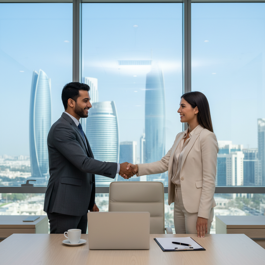 A photorealistic image of a modern office space in Abu Dhabi, featuring a professional adult shaking hands with another professional over a desk, symbolizing a business agreement or lease signing, with views of the city skyline in the background through large windows. No children are present. The image is highly detailed and realistic, like a professional photograph.