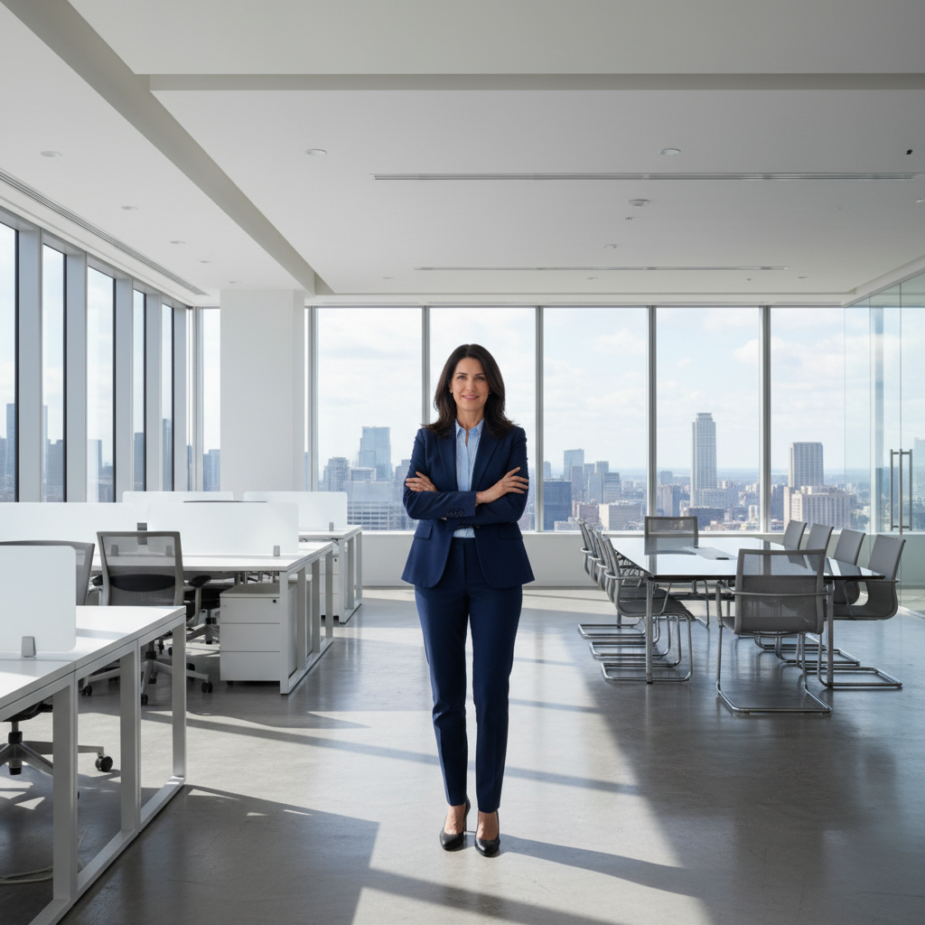 A photorealistic image of a professional businessperson standing in a modern, well-lit commercial office space for rent, symbolizing the agreement of leasing non-residential property. The scene shows empty desks, large windows with city views, and open floor plan, evoking business opportunity and space utilization.