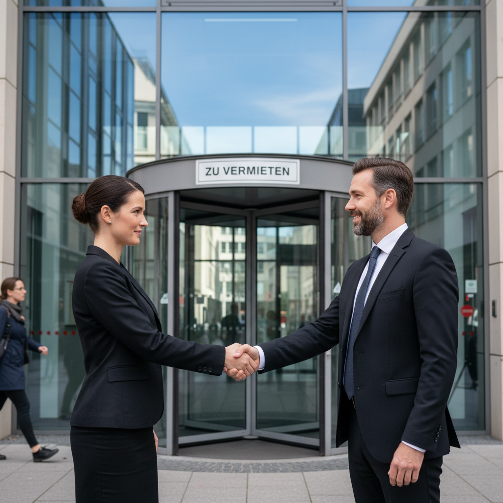 A photorealistic image of a modern professional office space in Germany, showing an adult business professional shaking hands with a real estate agent in front of a leased office building, symbolizing a successful office lease agreement, with elements like a 'Zu Vermieten' sign in the background to evoke legal tips for office rental contracts.