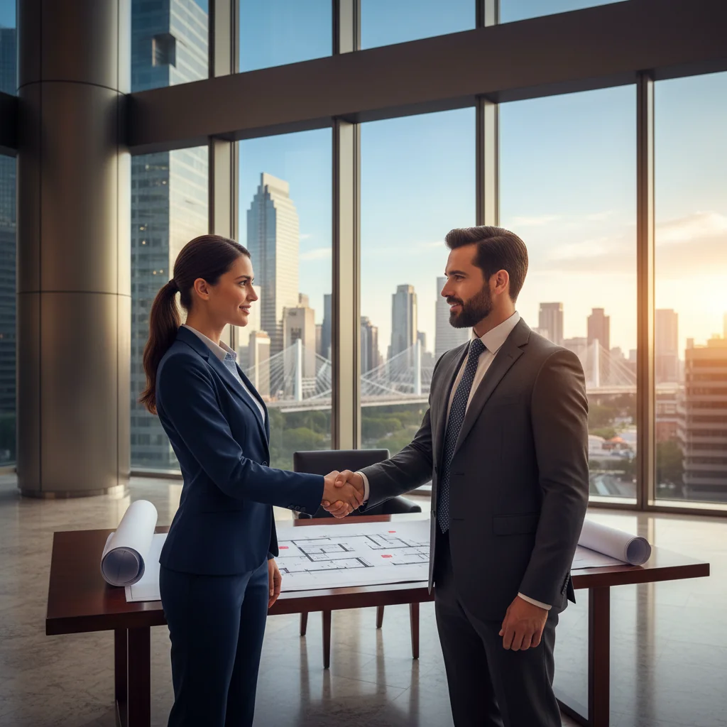 A professional scene of a businessperson shaking hands with a real estate agent in a modern office building lobby, symbolizing successful negotiation of an office lease agreement in the United States, with city skyline visible through large windows, conveying confidence and partnership.