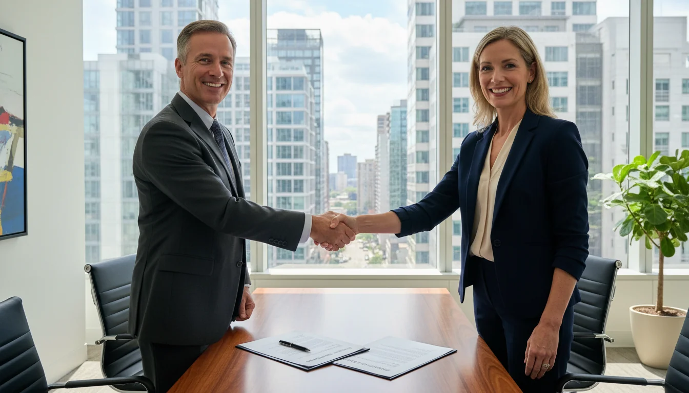 Business professionals shaking hands over lease documents