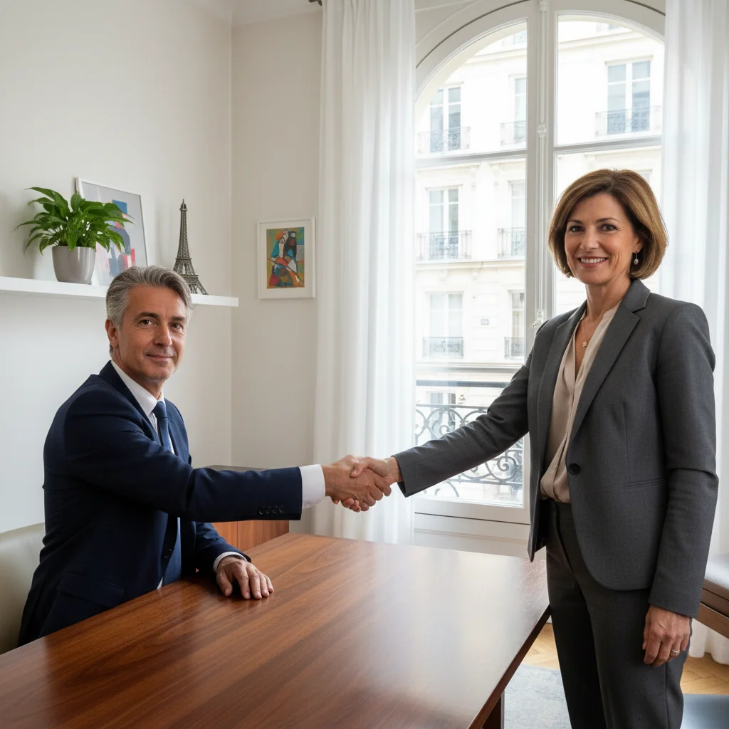 A photorealistic image of two professional adults in a modern French office, shaking hands over a business deal, symbolizing commercial guarantee and trust in French business practices, with subtle French elements like a flag or Eiffel Tower in the background.
