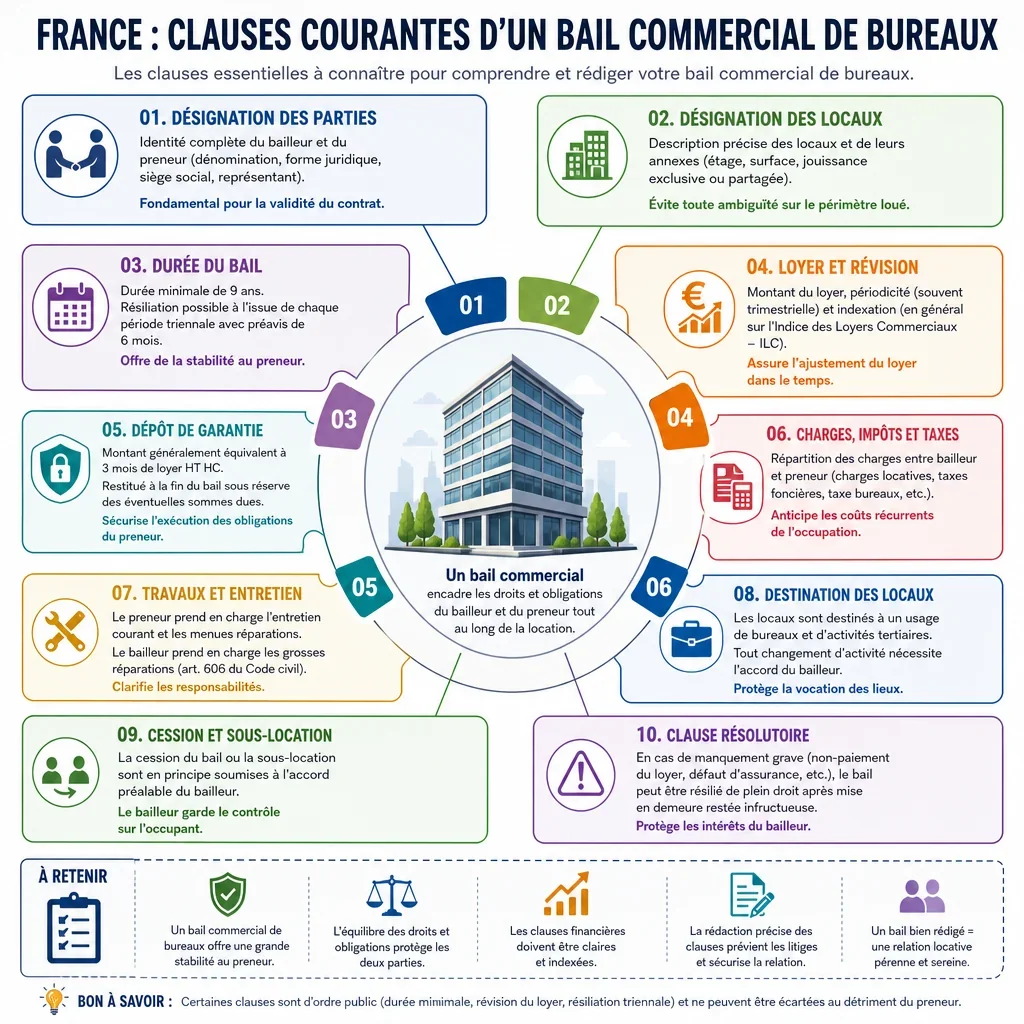 Clauses courantes d’un bail commercial de bureaux