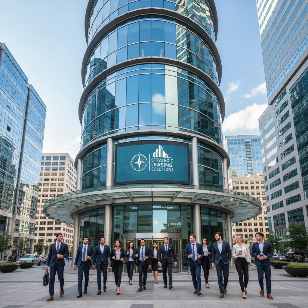 A professional office building exterior in a bustling US city, with business professionals entering through glass doors, symbolizing the importance of careful office leasing decisions to avoid common pitfalls.