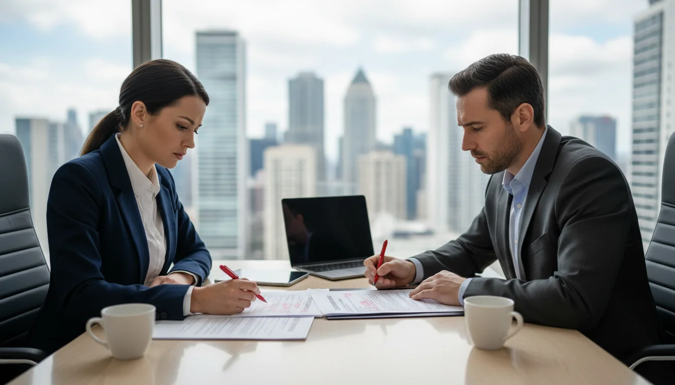 Business professionals reviewing lease terms