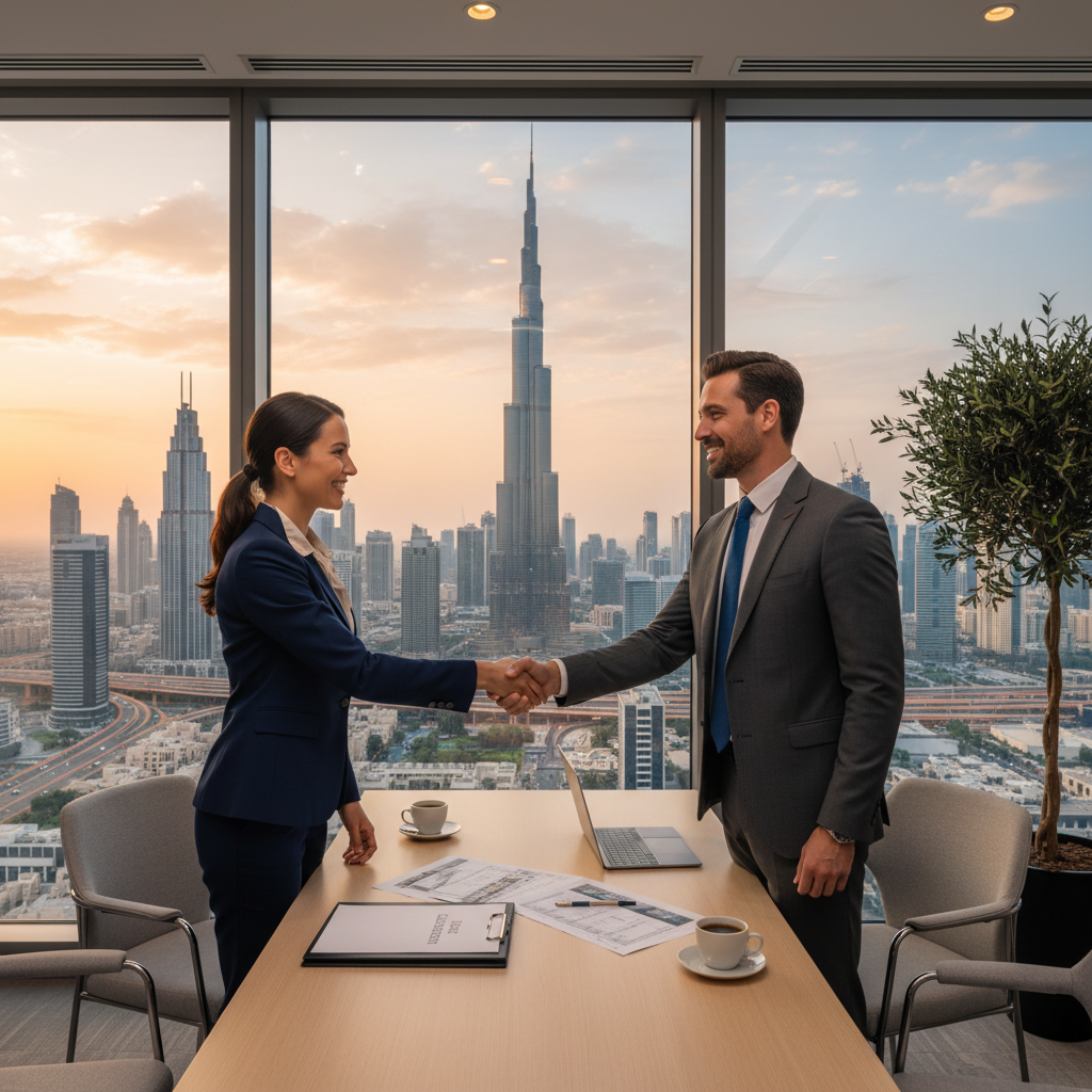 A photorealistic image of a modern office space in Dubai with a professional adult signing a lease agreement in a sleek conference room overlooking the city skyline, emphasizing business and real estate themes without focusing on the document itself.
