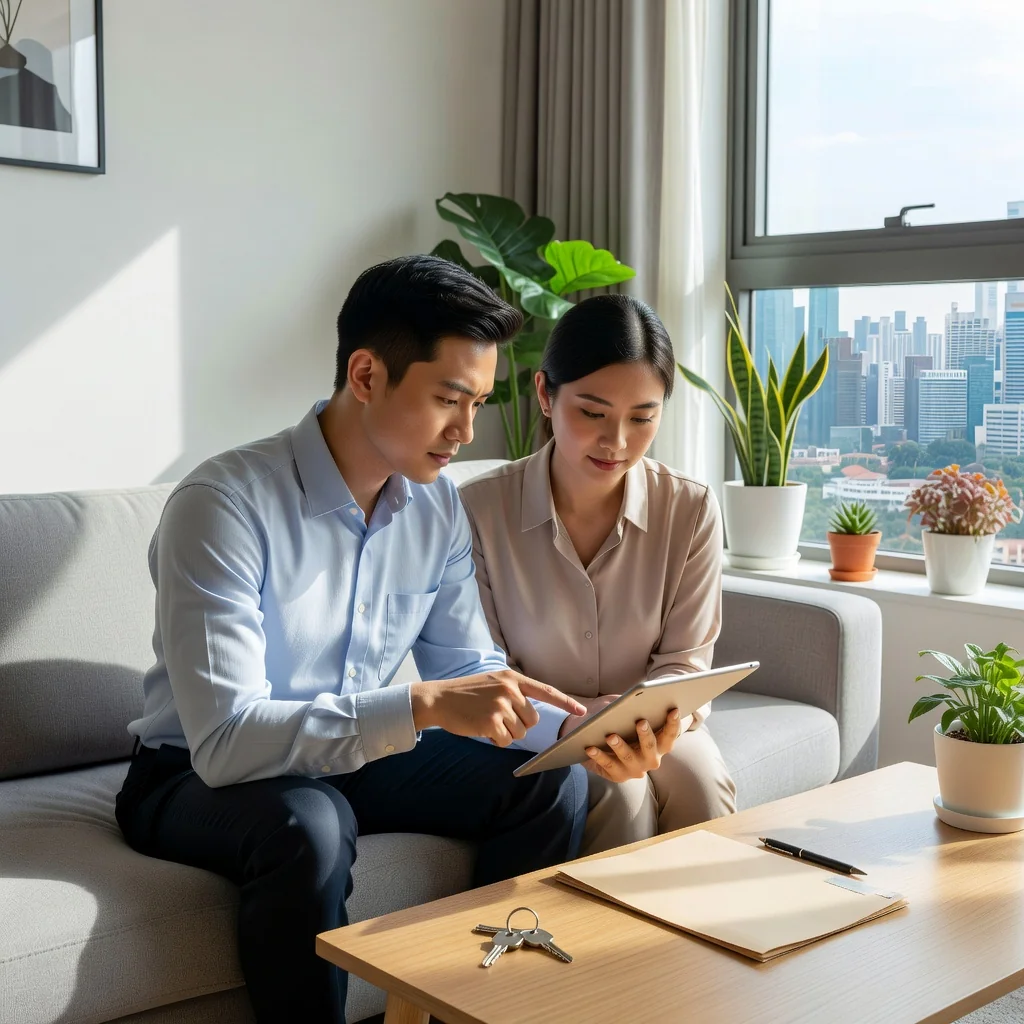 A photorealistic image of a young adult professional couple in a modern Singapore apartment, reviewing a tenancy agreement on a tablet while discussing terms, with city skyline visible through the window, evoking caution and awareness to avoid common mistakes in rental agreements.