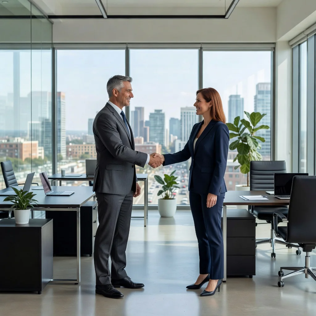 A photorealistic image depicting two adults in a professional office setting, shaking hands across a desk in a modern office space, symbolizing the agreement and mutual obligations in an office lease contract. The scene includes office furniture, windows with city view, and no legal documents visible.