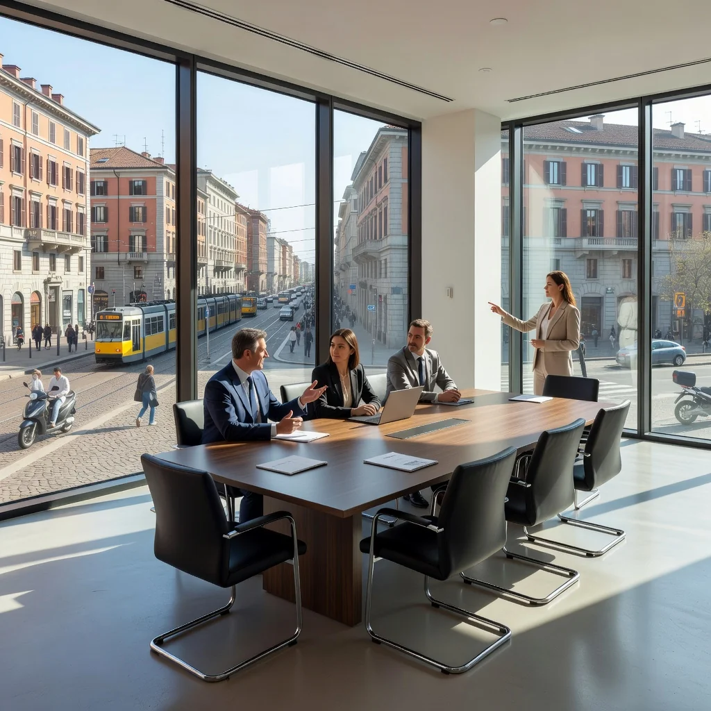 A photorealistic image of a professional office space in Italy, showing a modern conference room with large windows overlooking an Italian cityscape, a group of business professionals in suits discussing around a table, emphasizing the concept of renting office space without focusing on any legal documents.