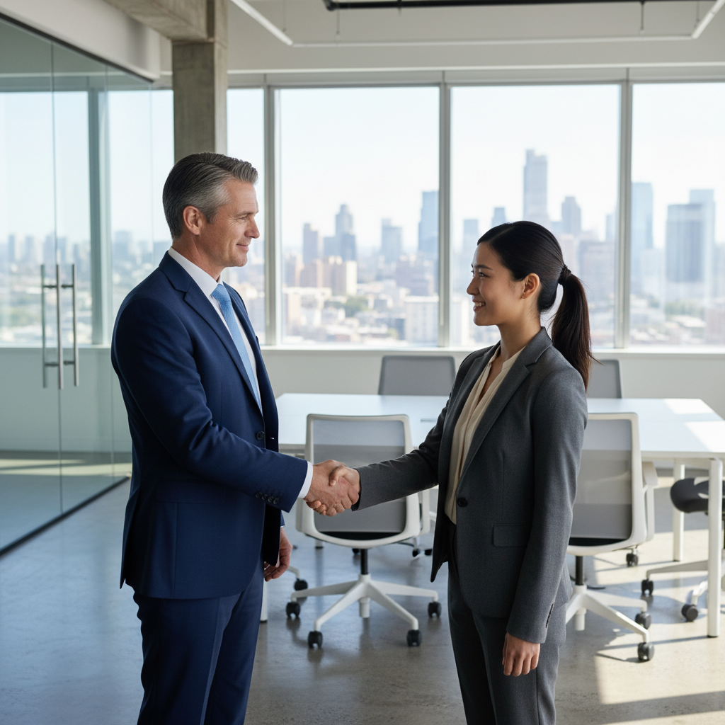 A photorealistic image depicting a professional business meeting between a landlord and a tenant in a modern office space, symbolizing the rights and obligations in a commercial lease agreement. Two adults in business attire are shaking hands across a desk with architectural plans and keys visible, in a well-lit commercial building interior, no children present.