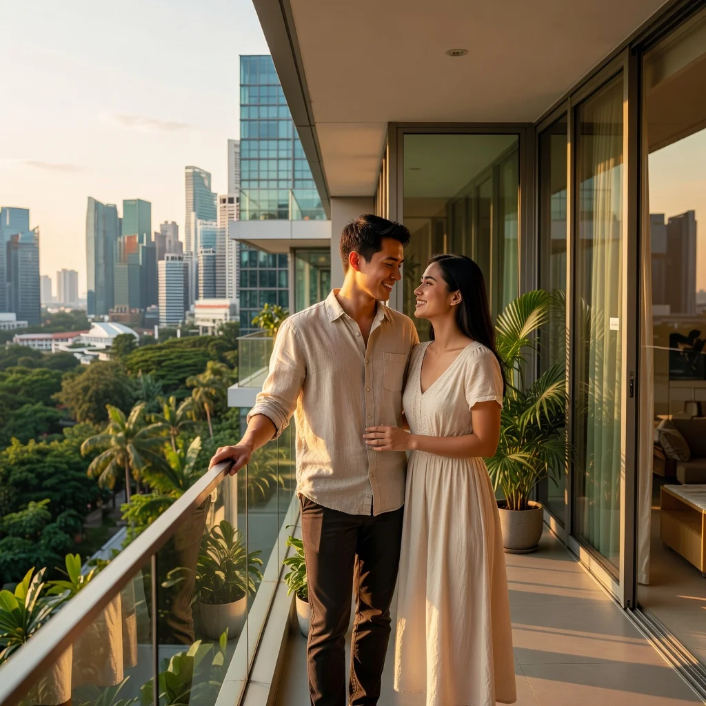 A photorealistic image of a young adult couple in a modern Singapore apartment, standing together and smiling while looking at a scenic view of the city skyline from their balcony, symbolizing the excitement of starting a new tenancy in Singapore. No children are present in the image.