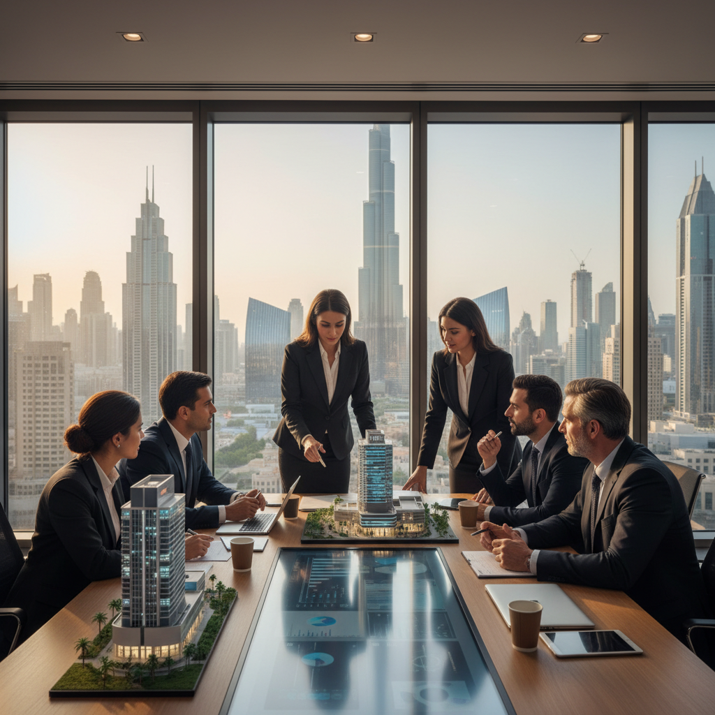 A photorealistic image of a modern office space in the UAE, featuring a professional businessperson shaking hands with a real estate agent in front of a sleek glass building with Dubai skyline in the background, symbolizing the signing of an office lease agreement. No children present. The scene conveys professionalism, business growth, and urban development in the UAE.