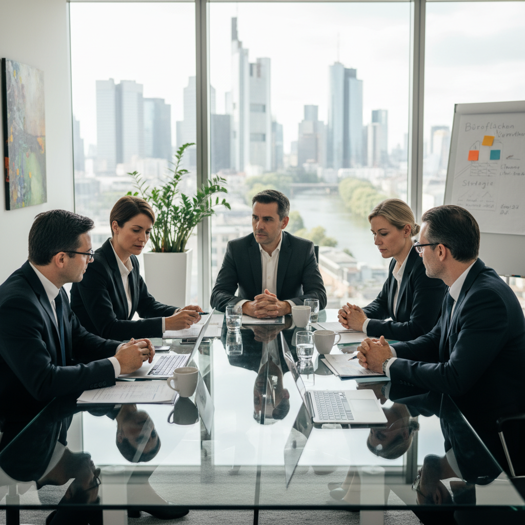A photorealistic image of a professional business meeting in a modern German office space, showing adults in business attire discussing rental terms around a conference table with city skyline view, symbolizing office leasing agreements without displaying any documents.