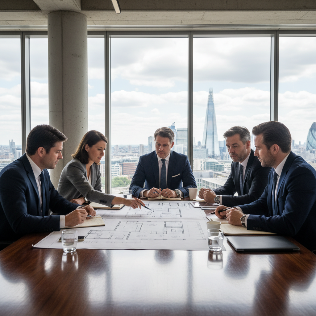 A photorealistic image of a professional business meeting in a modern UK office building, with adults discussing lease terms around a conference table, symbolizing office space rental agreements.