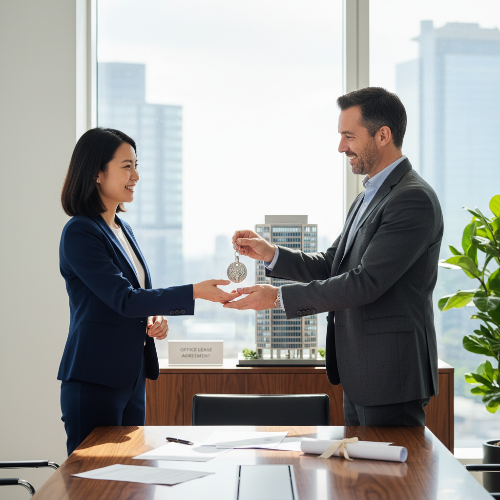A professional business setting in a modern UK office building, showing an adult business professional shaking hands with a real estate agent over a desk with a city skyline view through large windows, symbolizing the agreement of an office lease, photorealistic style.
