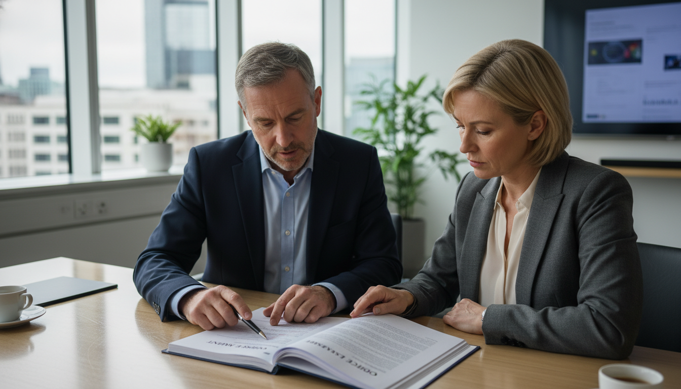 Business professionals reviewing lease contract