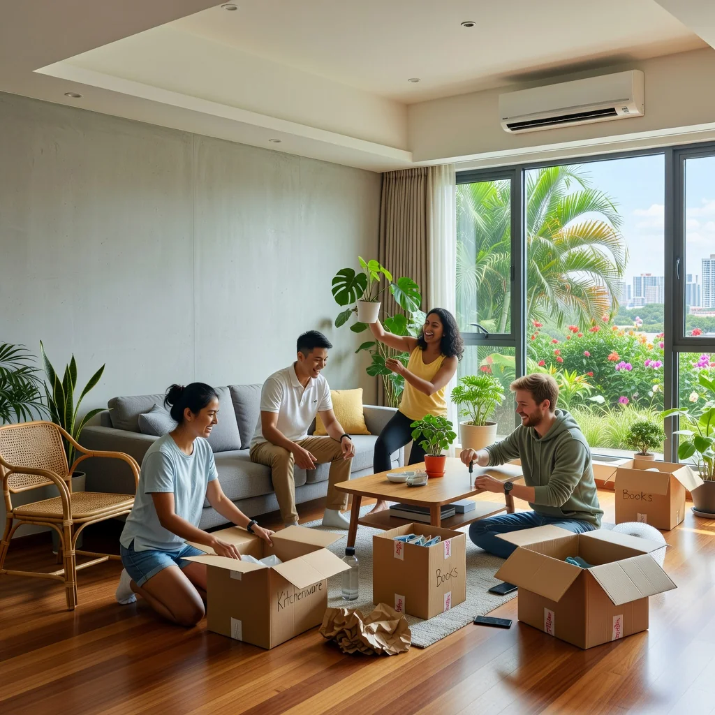 A photorealistic image representing tenancy in Singapore, showing a diverse group of young adults, such as a couple or roommates, moving into a modern HDB apartment. They are unpacking boxes in a bright living room with Singaporean elements like tropical plants and city skyline view from the window, symbolizing the start of a new rental agreement. No children are present.