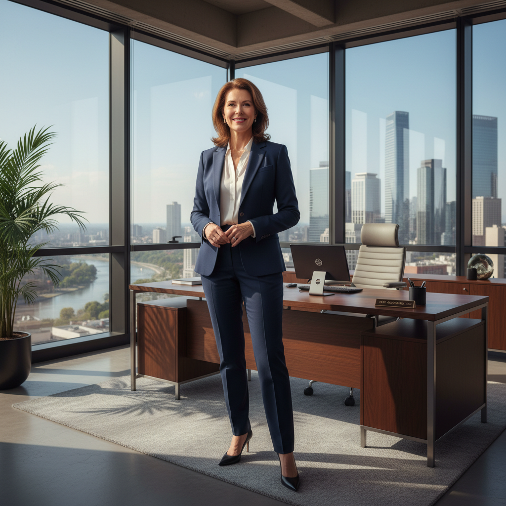 A photorealistic image of a professional businessperson standing confidently in a modern, well-lit office space with large windows overlooking a cityscape, symbolizing the excitement and importance of securing an office lease agreement in the United States. The scene conveys professionalism, space, and business opportunity without focusing on any documents.