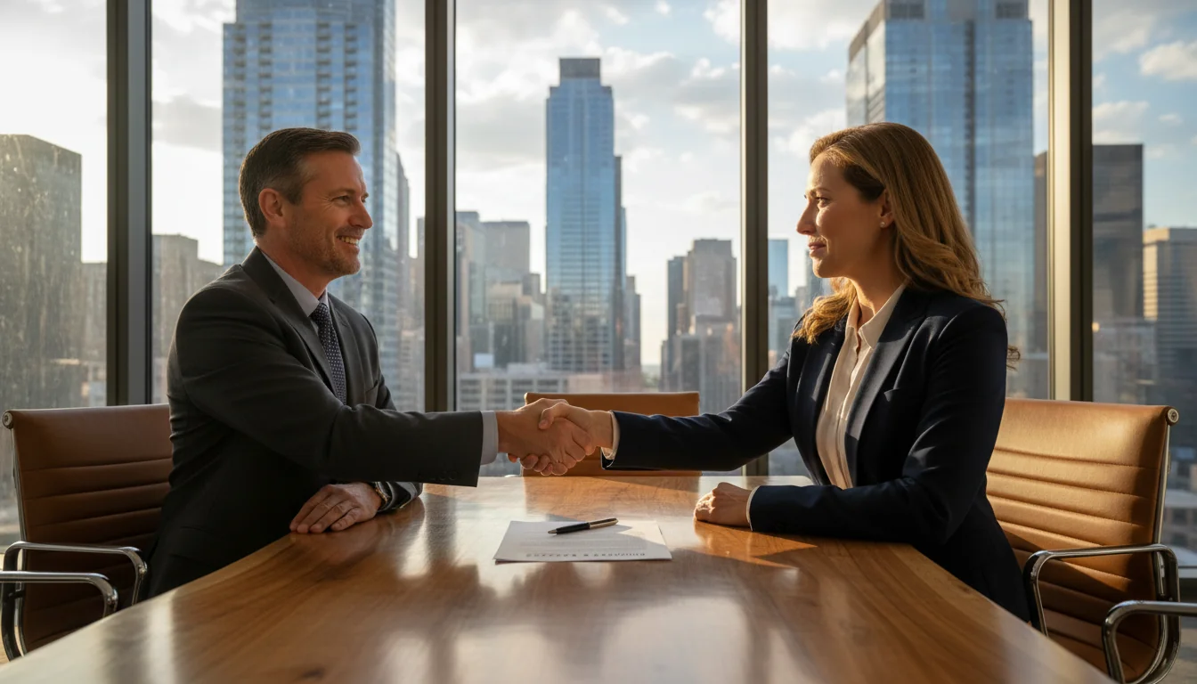 Business professionals signing lease contract.
