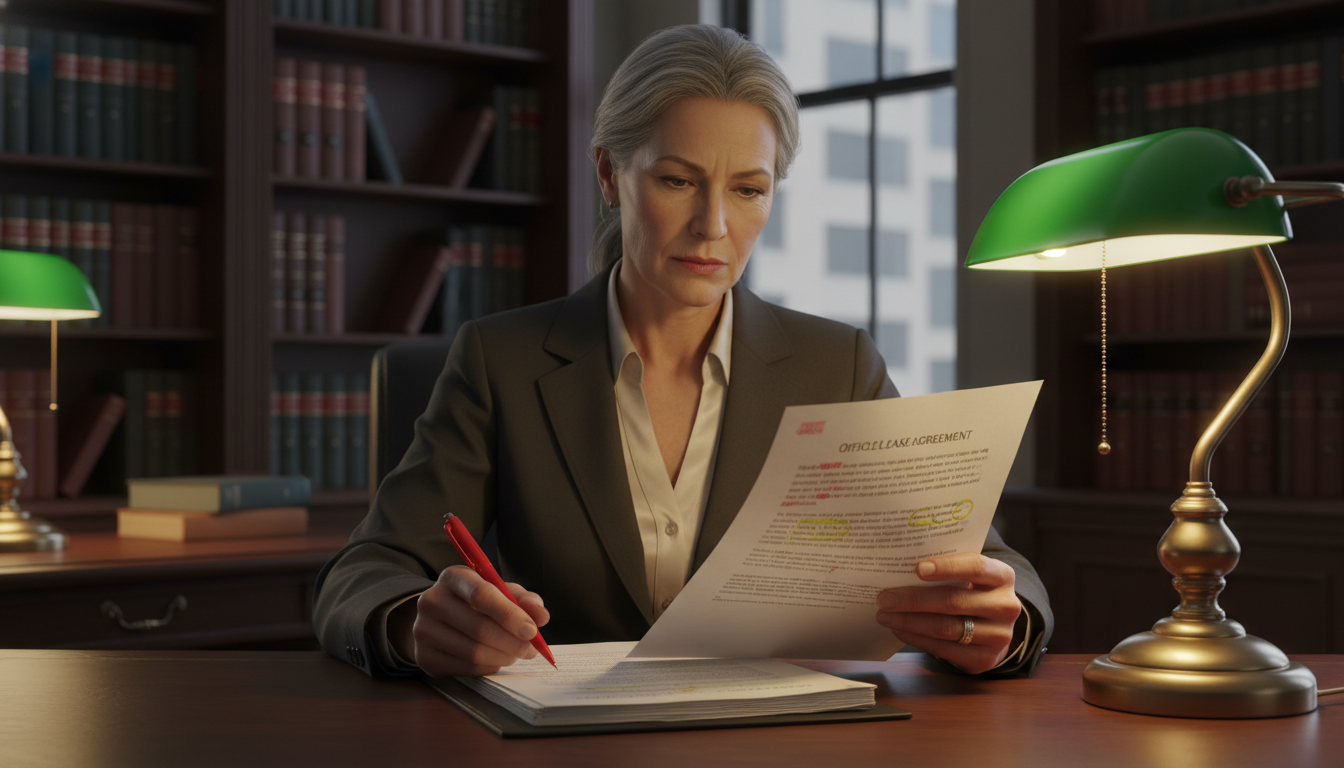 Lawyer reviewing lease agreement clauses.