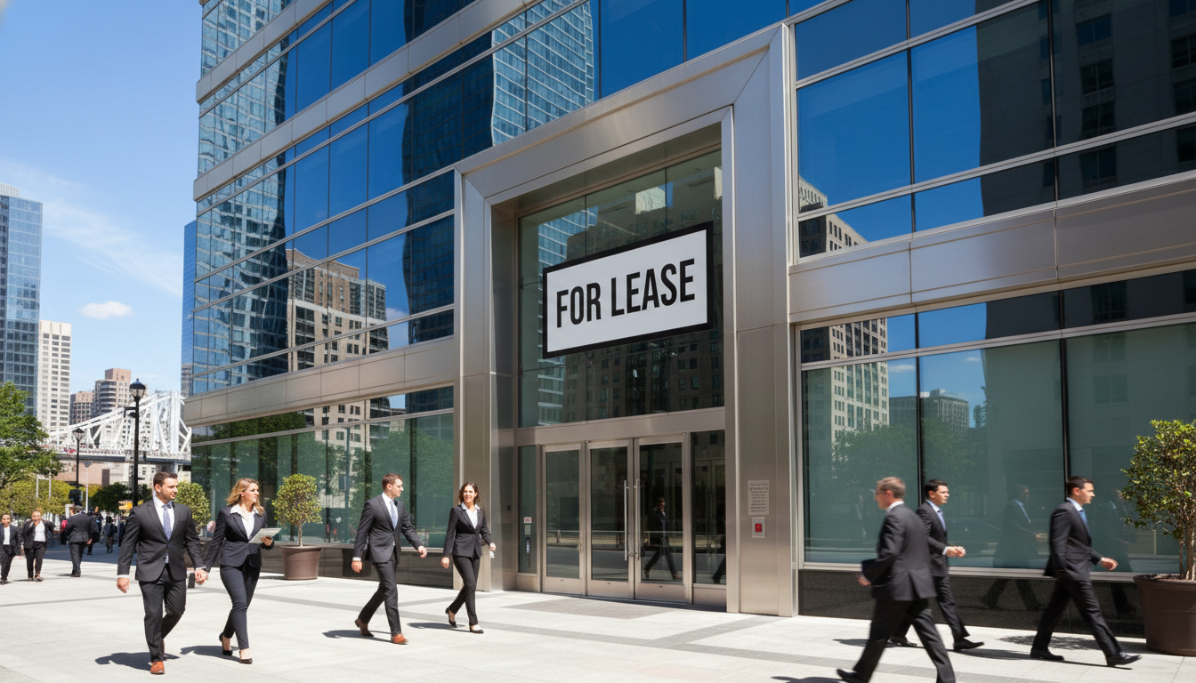 Office building exterior with lease sign.