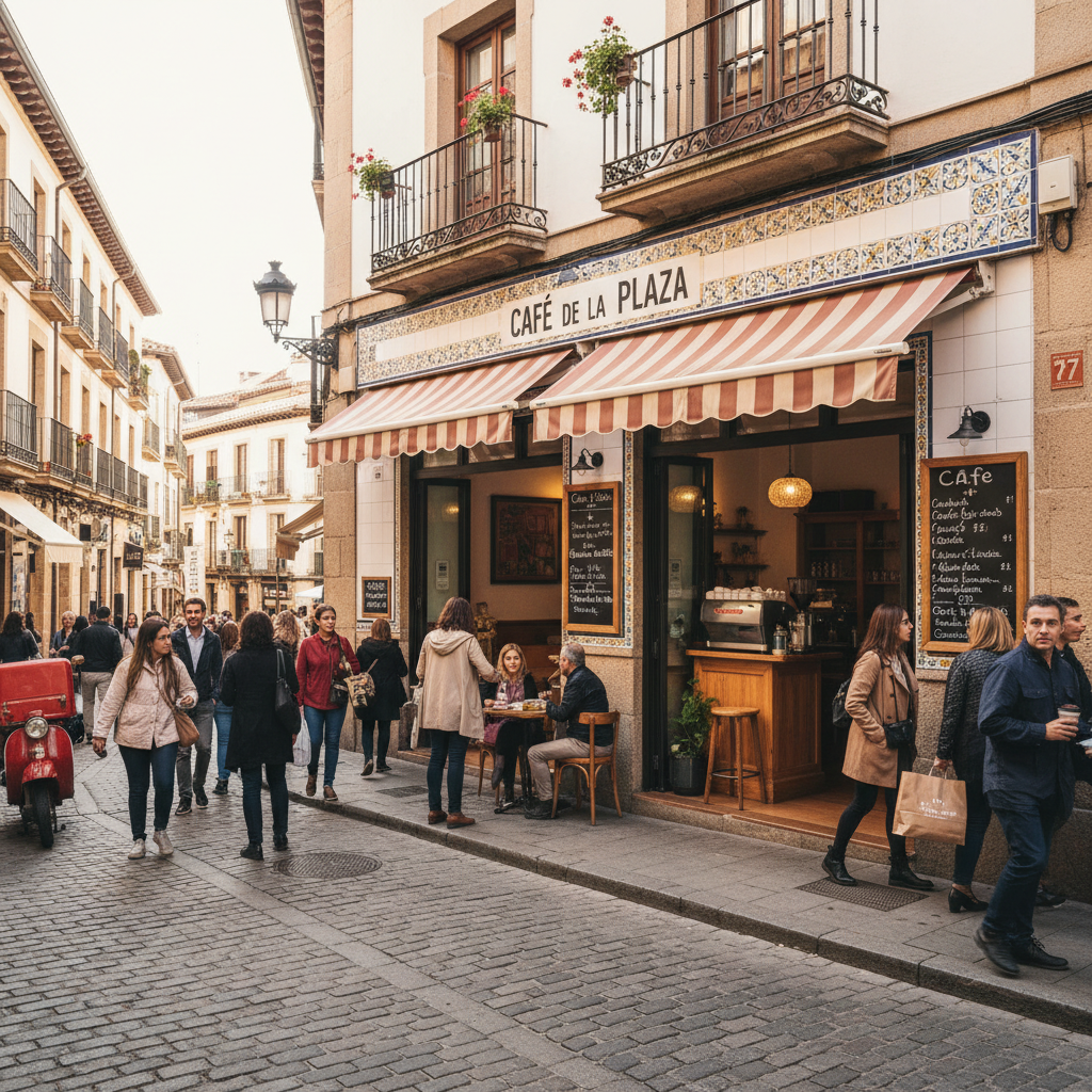 A photorealistic image of a modern commercial space in Spain, such as a stylish retail shop or office storefront with large windows displaying elegant interiors, set against a vibrant urban street in a Spanish city like Barcelona or Madrid, evoking the essence of leasing and business opportunities without showing any legal documents.