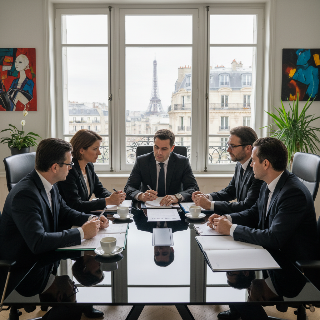 A photorealistic image of a professional business meeting in a modern French office, with adults in suits discussing commercial agreements around a conference table, evoking themes of bail and legal business dealings in France, no children present.