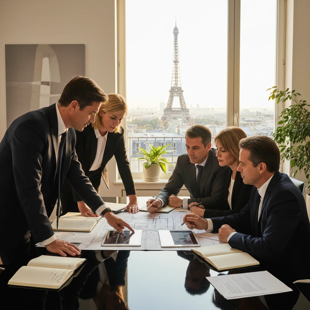 A photorealistic image of a professional business meeting in a modern French office, with adults in suits discussing commercial terms around a conference table, overlooking the Eiffel Tower through large windows, symbolizing bail agreements for commercial properties in France.