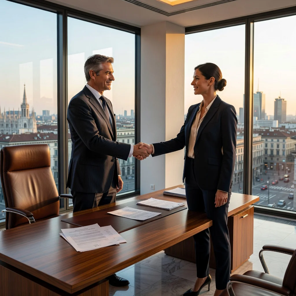 A professional office setting in Italy, featuring a modern business office interior with large windows overlooking an Italian cityscape, a suited professional shaking hands with a real estate agent at a desk, symbolizing the signing of an office lease agreement, photorealistic style, no children present.