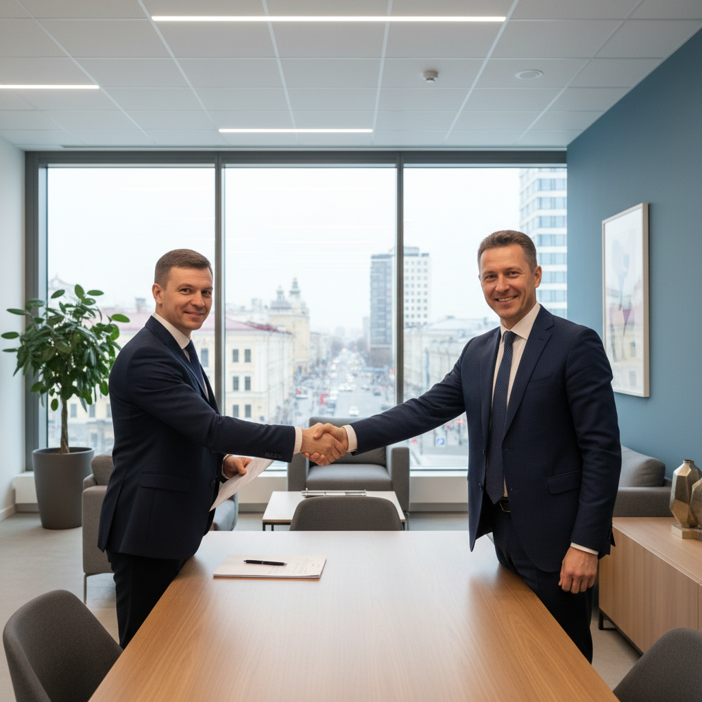 A photorealistic image of a modern commercial office space in Russia, showing an adult business professional shaking hands with a landlord in a professional setting, symbolizing the agreement for renting non-residential premises. The scene conveys trust and business partnership, with subtle Russian architectural elements in the background, no children present.