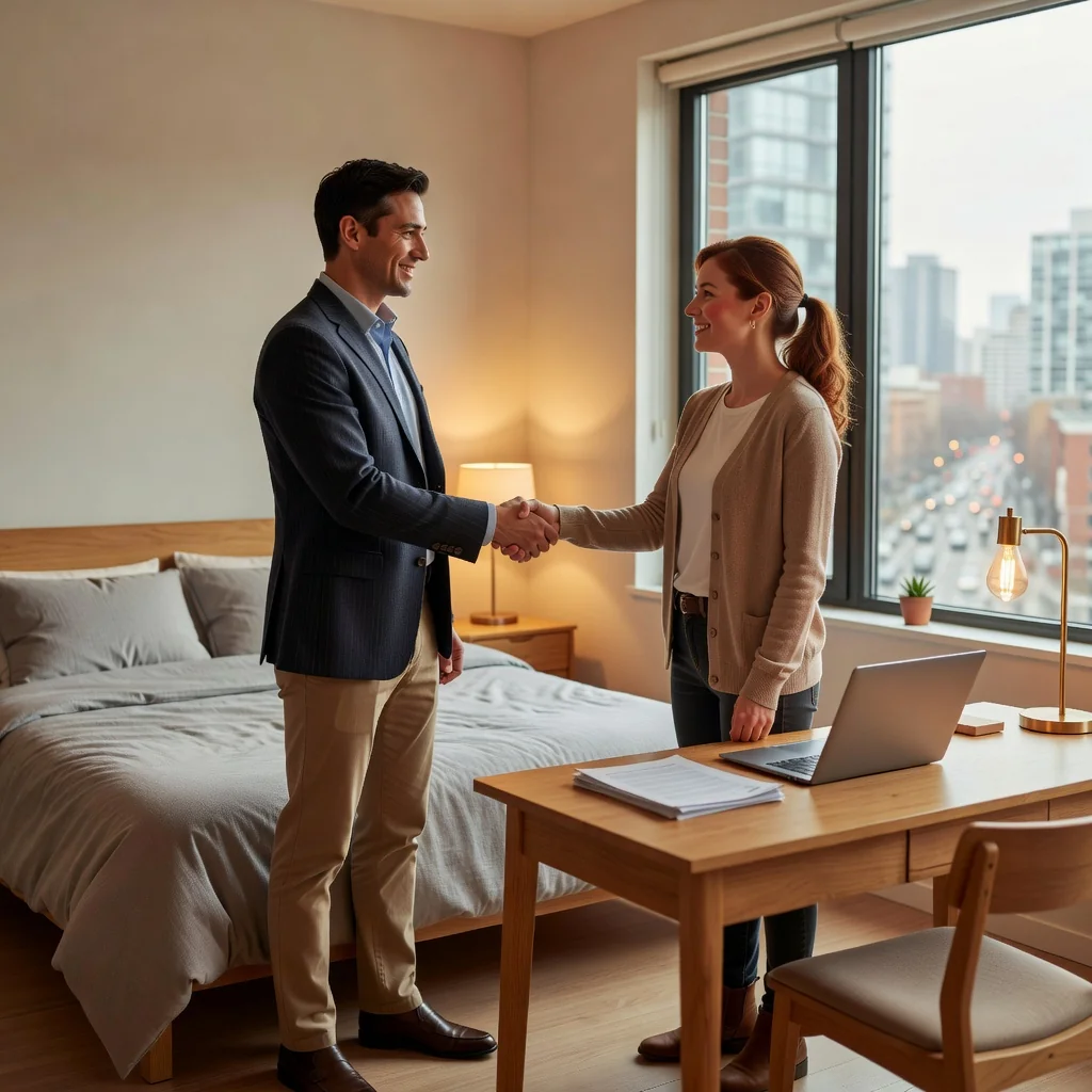 A photorealistic image depicting a professional adult landlord and tenant shaking hands in a modern, well-lit rental room with simple furniture like a bed, desk, and window overlooking a cityscape, symbolizing the agreement in a room rental contract. The scene conveys trust and mutual understanding without any legal documents visible.