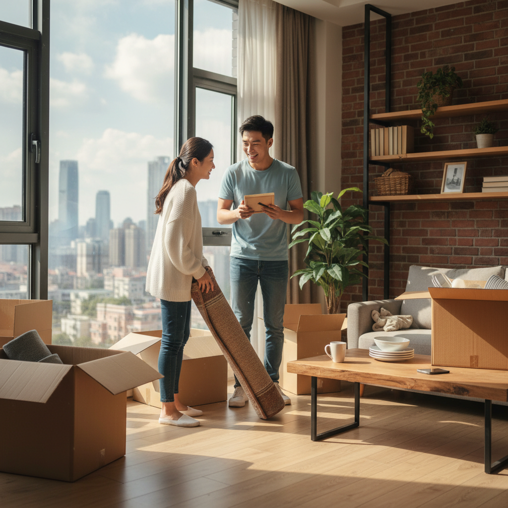 A photorealistic image of a young adult couple happily moving into a modern apartment in China, unpacking boxes and smiling, with Chinese cityscape visible through the window, representing the excitement of renting a home without focusing on any documents.