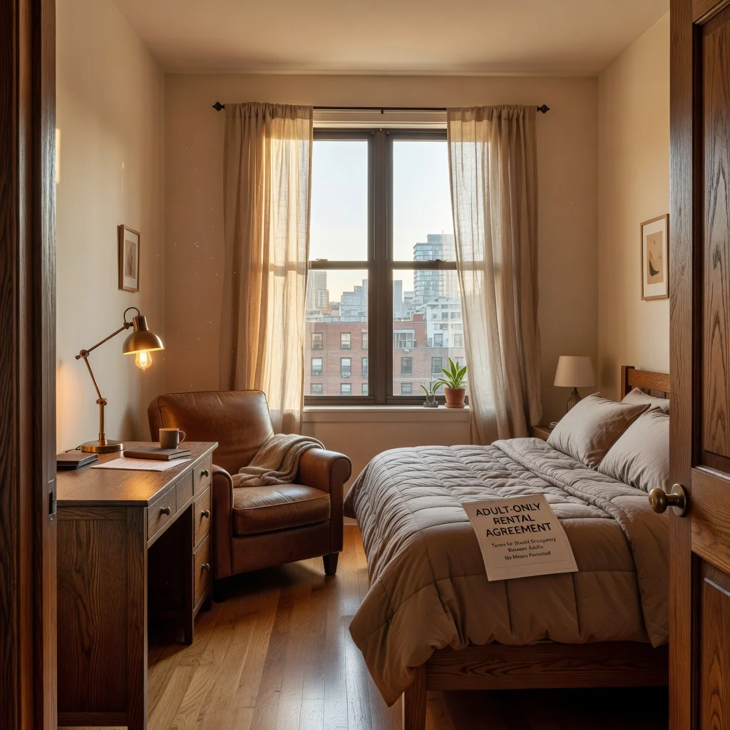 A photorealistic image depicting a welcoming rental room scenario for adults, showing an open door to a cozy, furnished bedroom with natural light, a bed, desk, and window overlooking a cityscape, symbolizing the agreement between tenant and landlord without any legal documents visible.