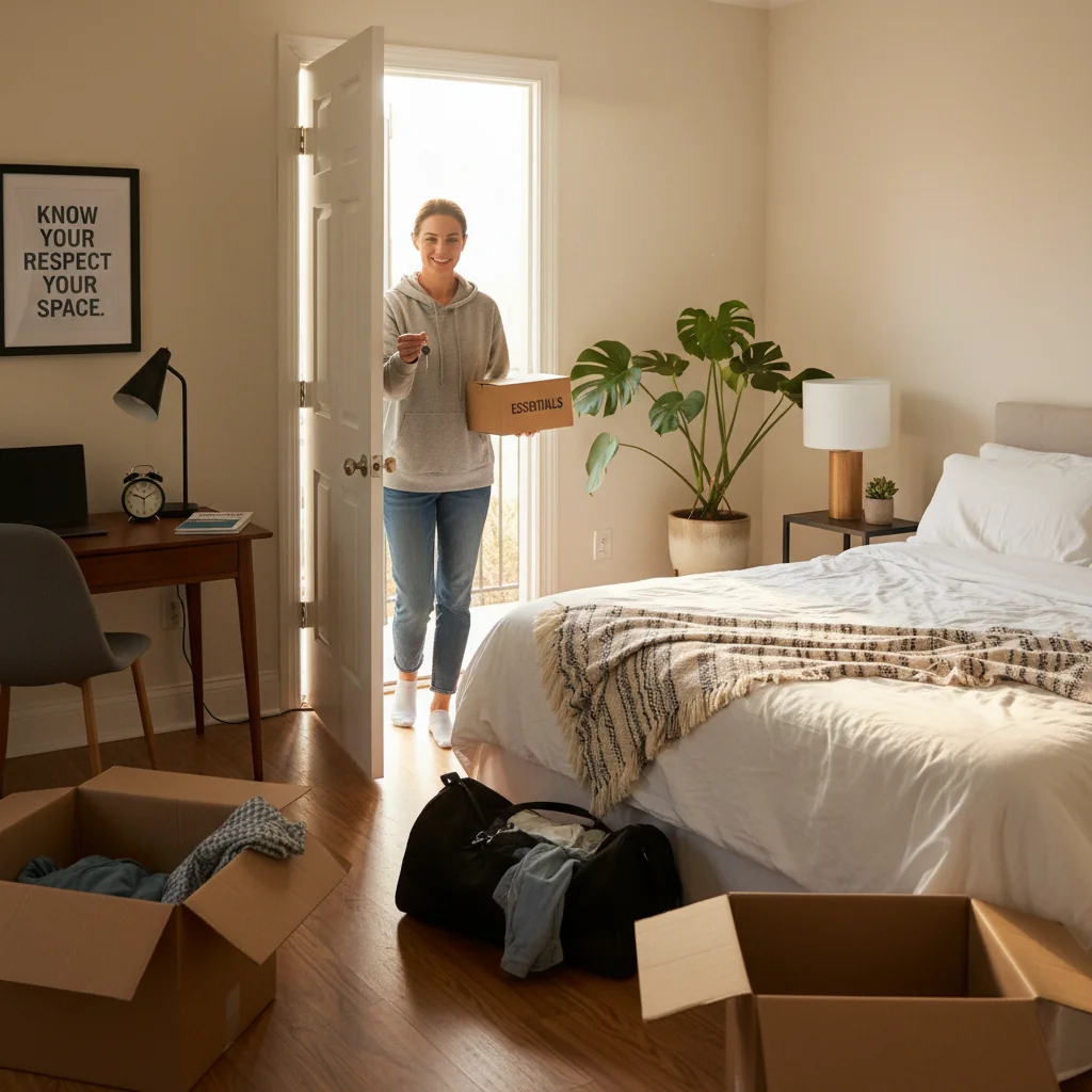 A photorealistic image depicting an adult tenant moving into a cozy, well-lit rental room, unpacking boxes with a sense of excitement and security, symbolizing the rights and obligations in room rental agreements. The scene includes modern furniture, a window with natural light, and subtle elements like a lease agreement on a table, but no focus on legal documents. No children are present.