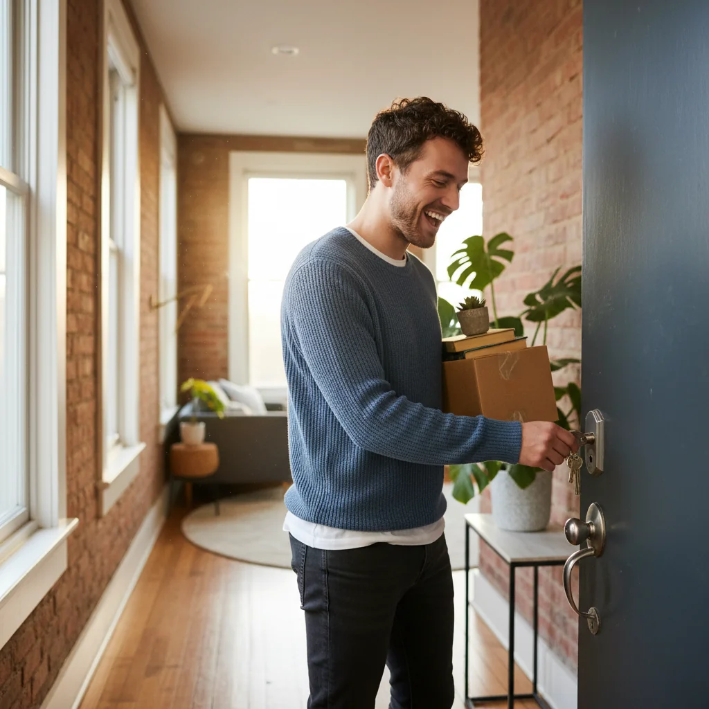 A photorealistic image depicting a young adult tenant happily moving into a modern UK apartment, symbolizing the excitement of starting a new rental agreement, with elements like keys in hand and unpacked boxes, evoking security and homeownership without showing any legal documents.